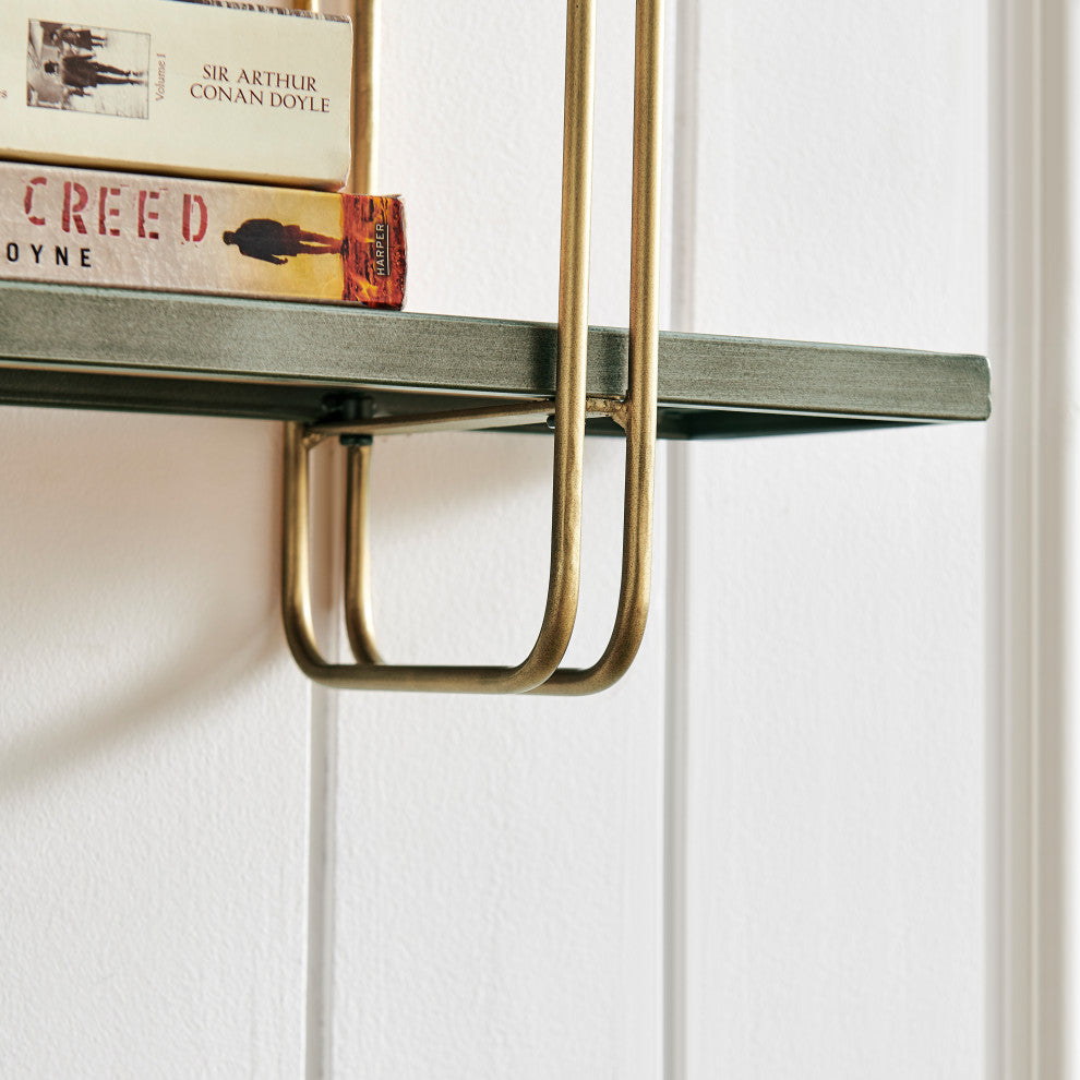 Danya B. Two-Tier Warm Gold and Washed Oak Brown Hanging Wall Mounted Shelf