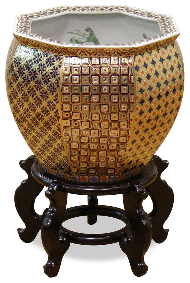 12 Inch Gilded Porcelain Yosegi Japanese Fishbowl Planter, With Stand