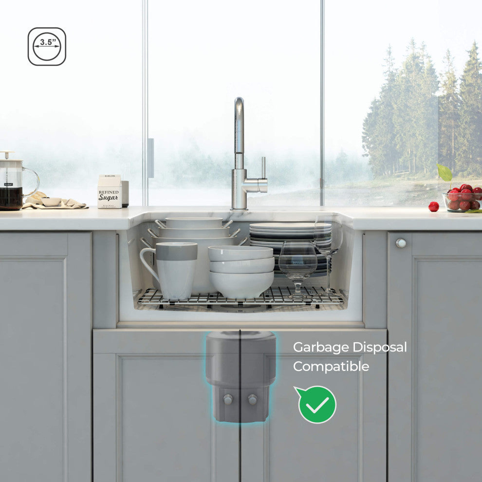 White Fireclay Farmhouse Undermount Kitchen Sink, Bottom Grid and Strain, 27"