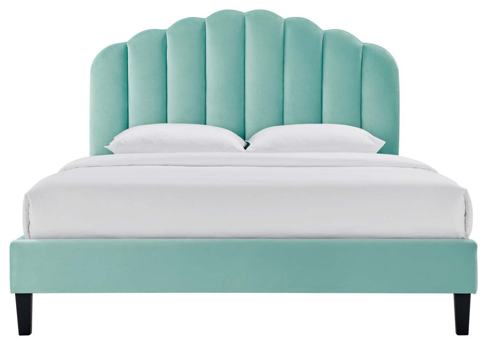 Platform Bed Frame, King Size, Blue, Velvet, Modern, Bedroom Master Guest Suite