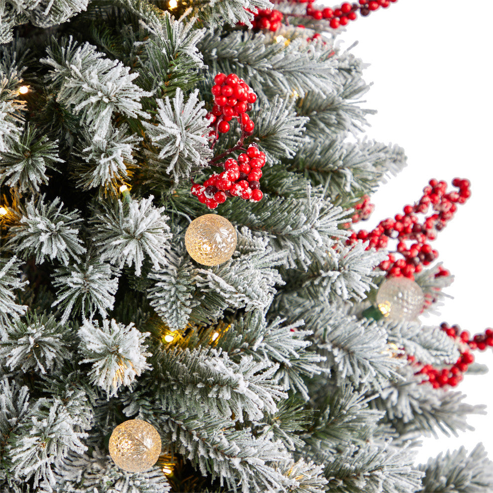 6' Snow Tipped Norwegian Fir Pre-Lit Faux Xmas Tree W/Lights, Berries