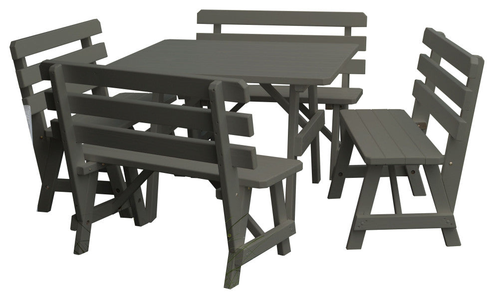 Pine 43" Square Table with Backed Benches, Olive Gray