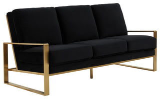 LeisureMod Jefferson Modern Design Velvet Sofa With Gold Frame, Black