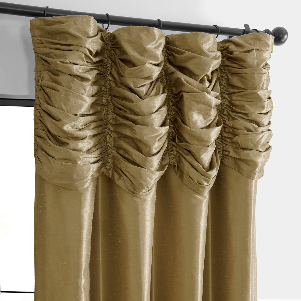 Ruched Vintage Faux Dupioni Silk Curtain Single Panel, Flax Gold, 50" X 84"