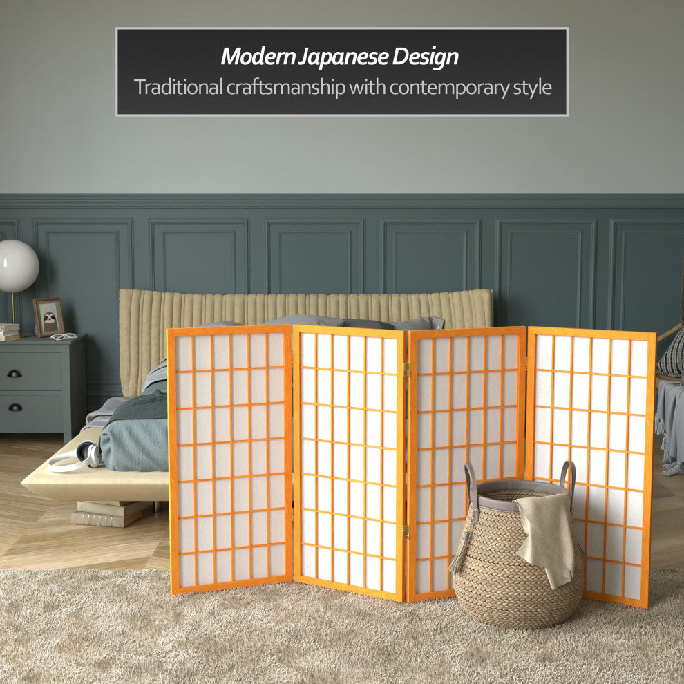 3' Tall Window Pane Shoji Screen, Honey, 4 Panels