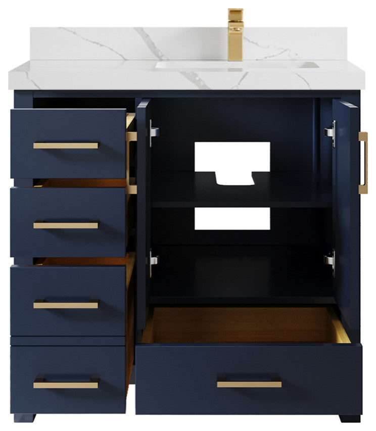Malibu 36 Right Offset Bath Vanity in Navy Blue 2" Calacatta Laza