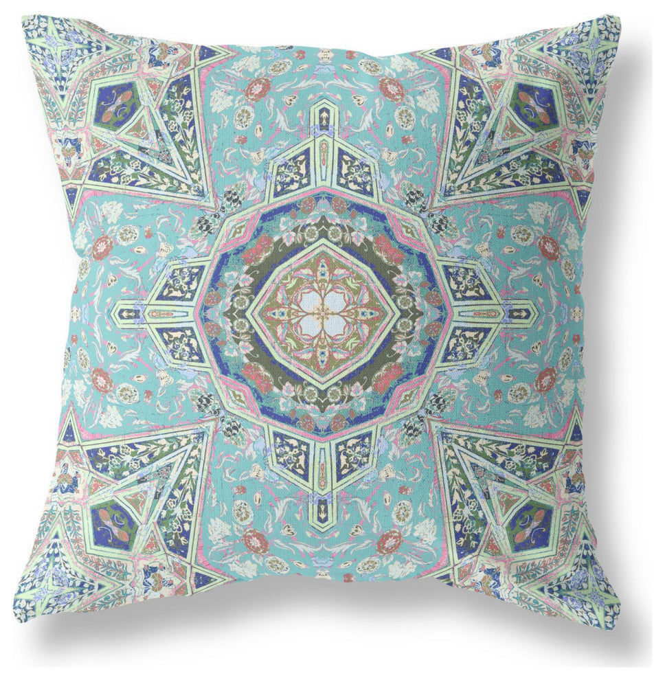 16" Aqua Blue Floral Geometric Suede Throw Pillow