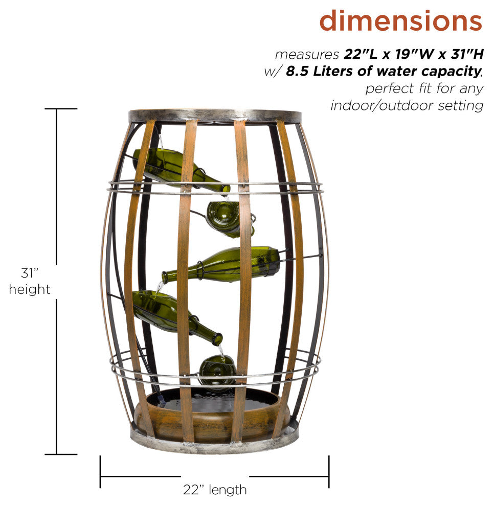 Alpine Metal Tiered Wine Bottles in a Barrel Fountain, 31" Tall