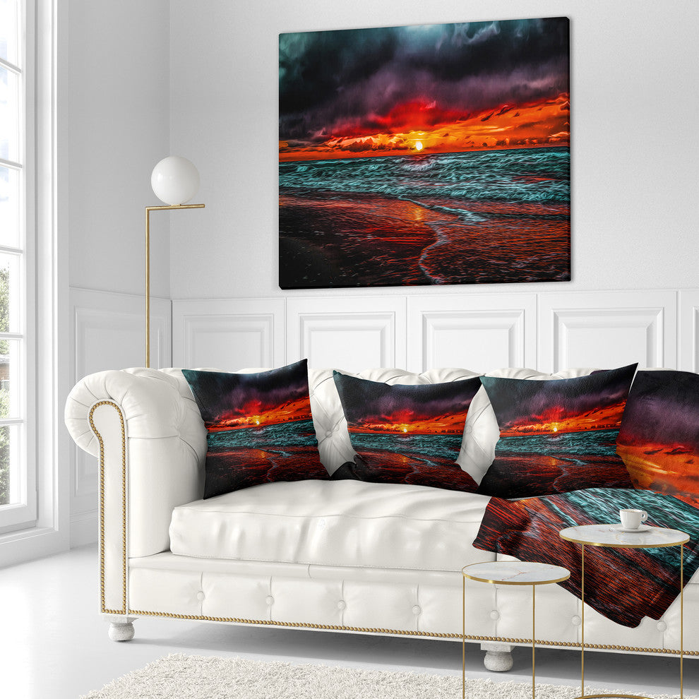 Red Sunset Over Blue Waters Seascape Throw Pillow, 18"x18"