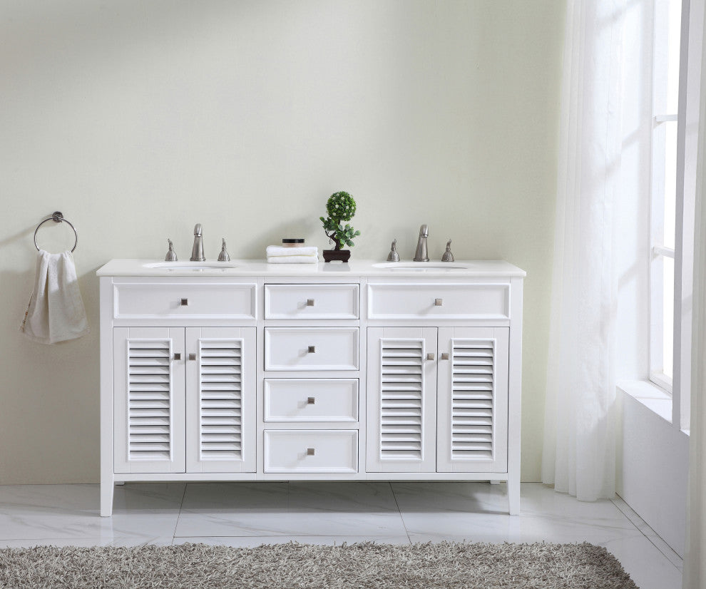 60" Double Bathroom Vanity, White With Ivory White Engineered Marble