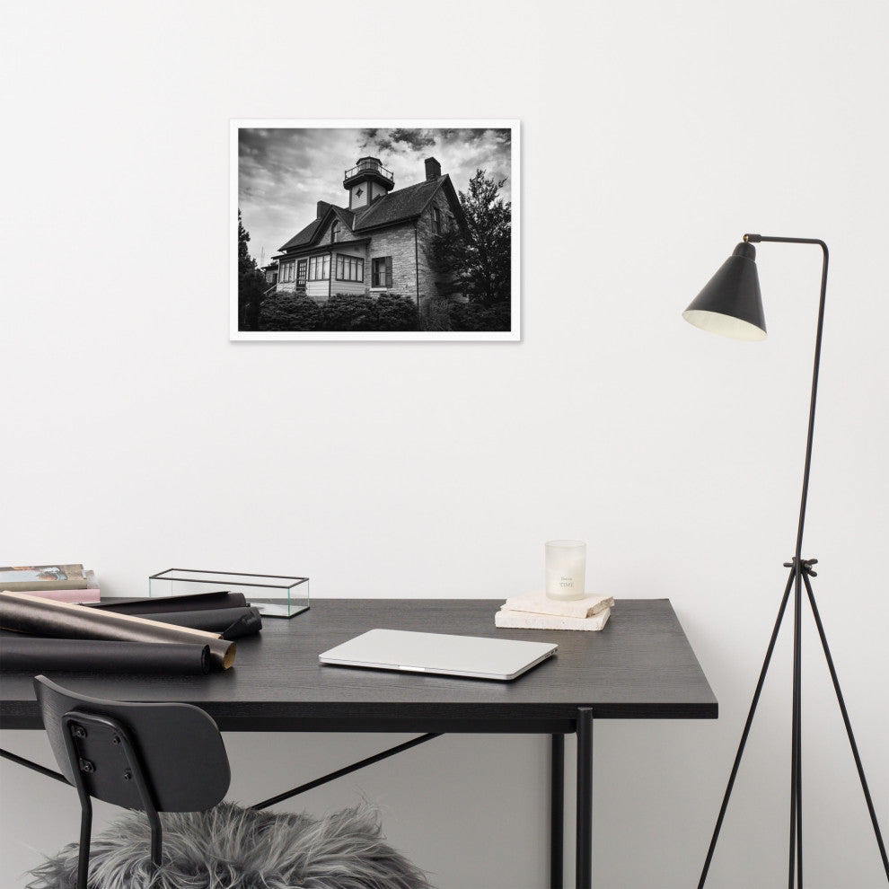 Cedar Point Lighthouse in Black and White Framed Photo Paper Wall Art Prints, White, 18" X 24"