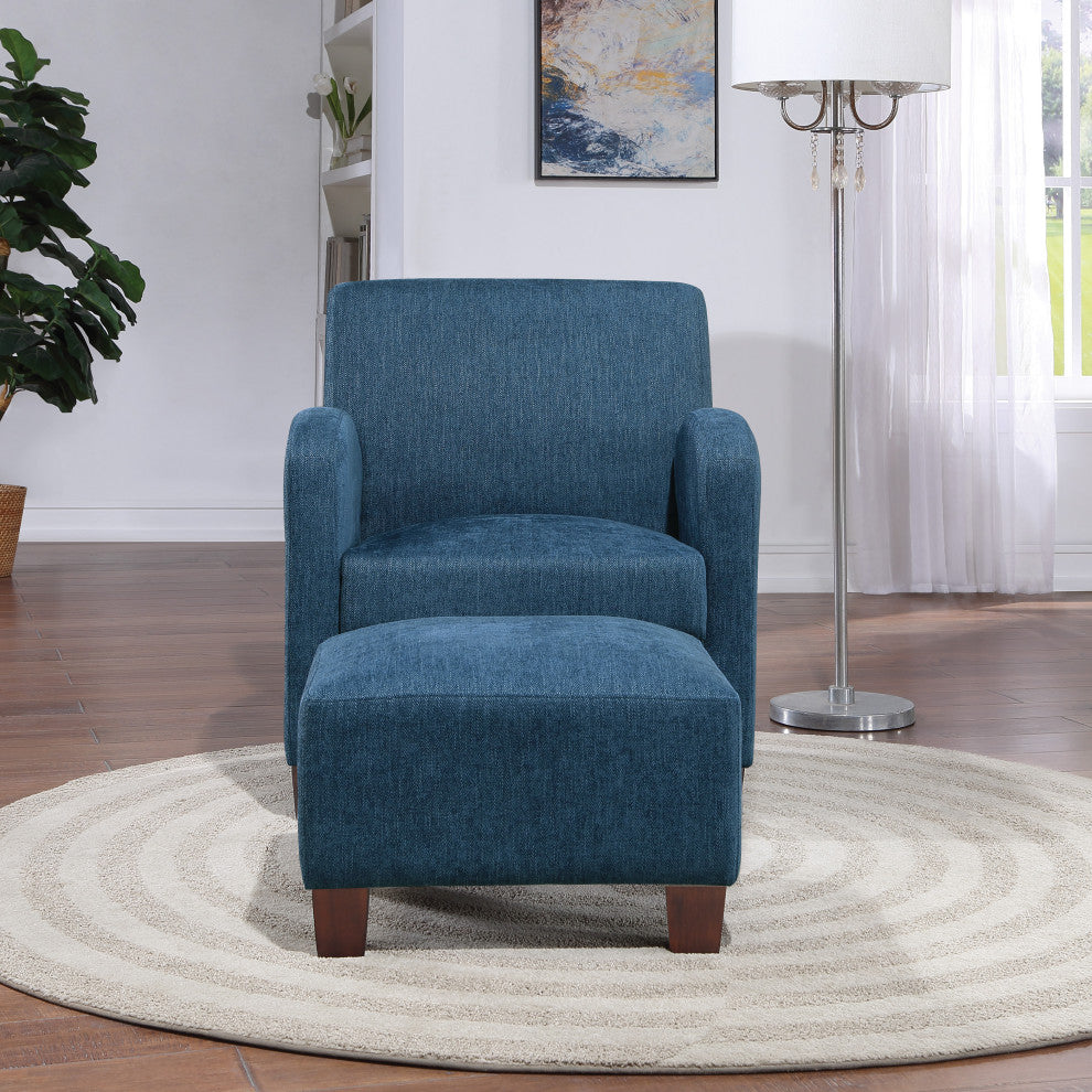 Aiden Chair and Ottoman Herringbone Navy With Medium Espresso Legs