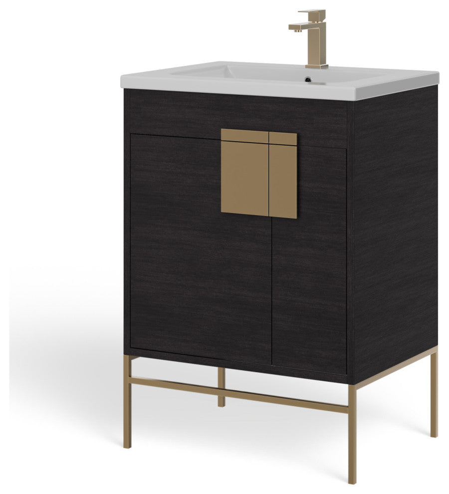 Lockhart Bath Vanity, Black Oak, 24", Satin Brass Hardware, Single Sink, Freestanding