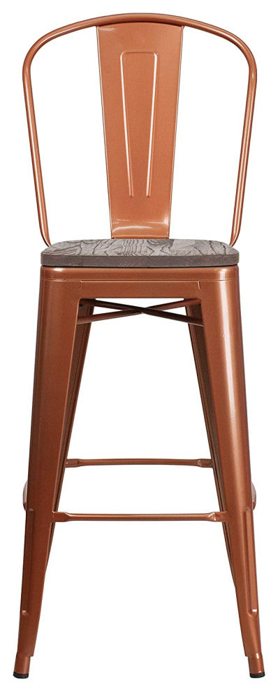 Set of 4 Bar Stool, Metal Frame With Curved Back & Walnut Elm Wood Seat, Copper