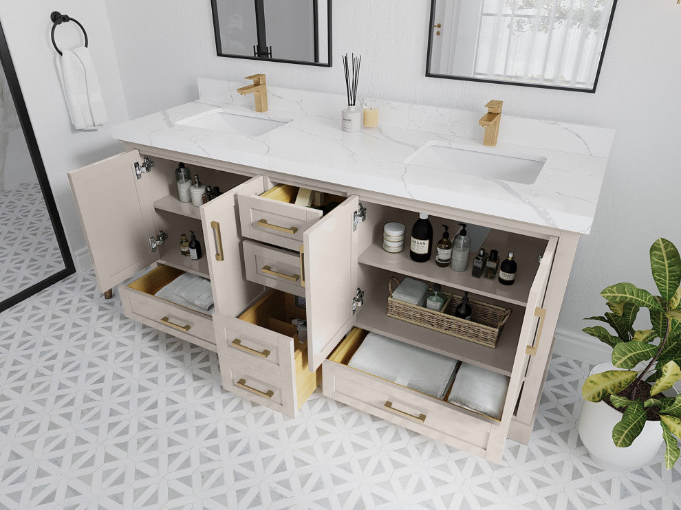Boston 72" Double Sink Bath Vanity in Fine Grain 1.5" Calacatta Laza