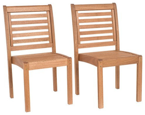 Set of 2 Patio Chair, Eucalyptus Wood Construction With Slatted Backrest, Brown