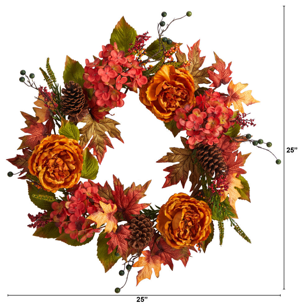 25" Fall Ranunculus, Hydrangea and Berries Autumn Artificial Wreath