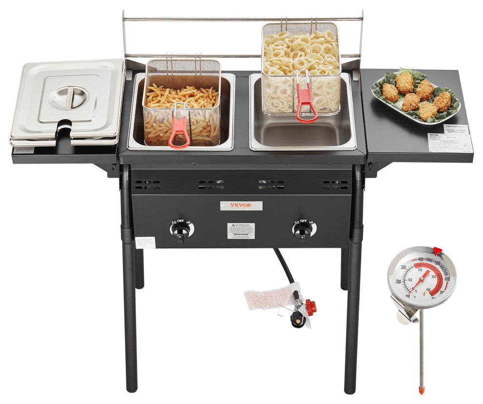VEVOR 16 Qt Double Burner Outdoor Propane Deep Fryer Steel Cooker Dual Baskets