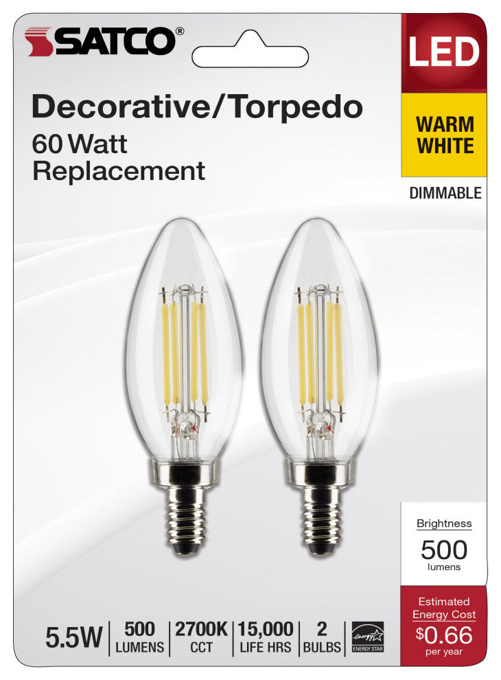 5.5W B11 LED, Clear, Candelabra Base, 2700K, 500 Lumens, 120V, 2-Pack