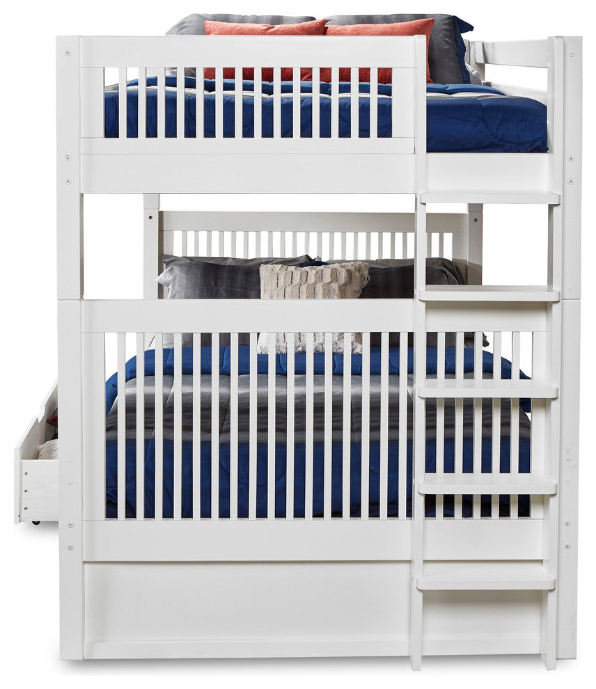 Full over Full Bunk Bed With Drawers, Mission Headboard, End Ladder, White