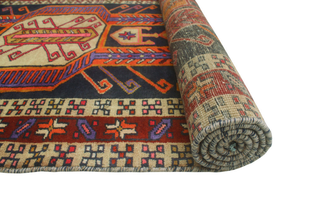 Fine Vintage Distressed Marva Navy/Burgundy Runner, 3'5x10'5