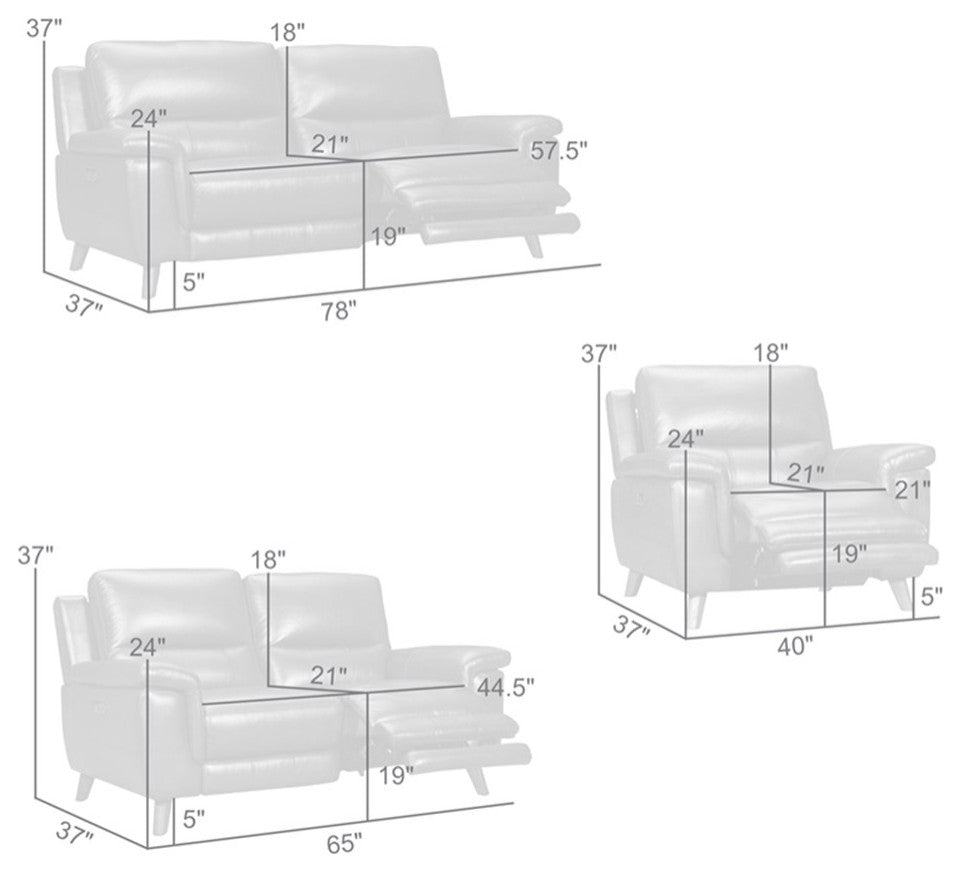 Armen Living Lizette 3-Piece Leather Living Room Power Recliner Set in Dove Gray