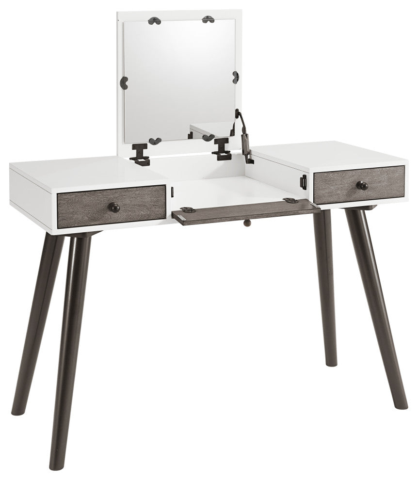Mid-Century Modern 2-Drawer Bedroom Vanity or Desk, White, Gray, and Black