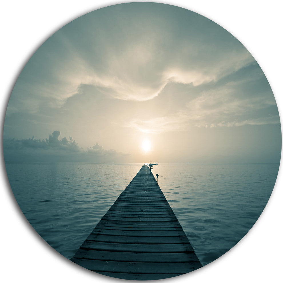 Dark Boardwalk Into Blue Sea, Sea Bridge Round Wall Art, 11"