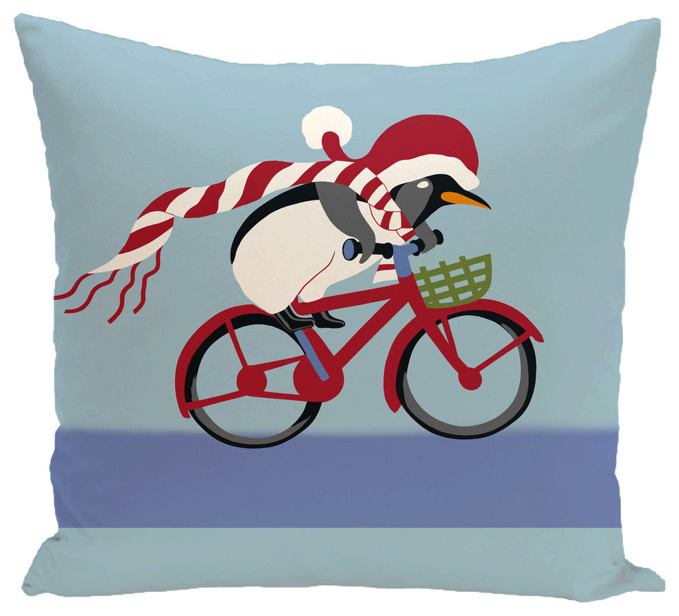 Pedaling Penguin, Decorative Holiday Animal Print Pillow, Light Blue, 16"x16"