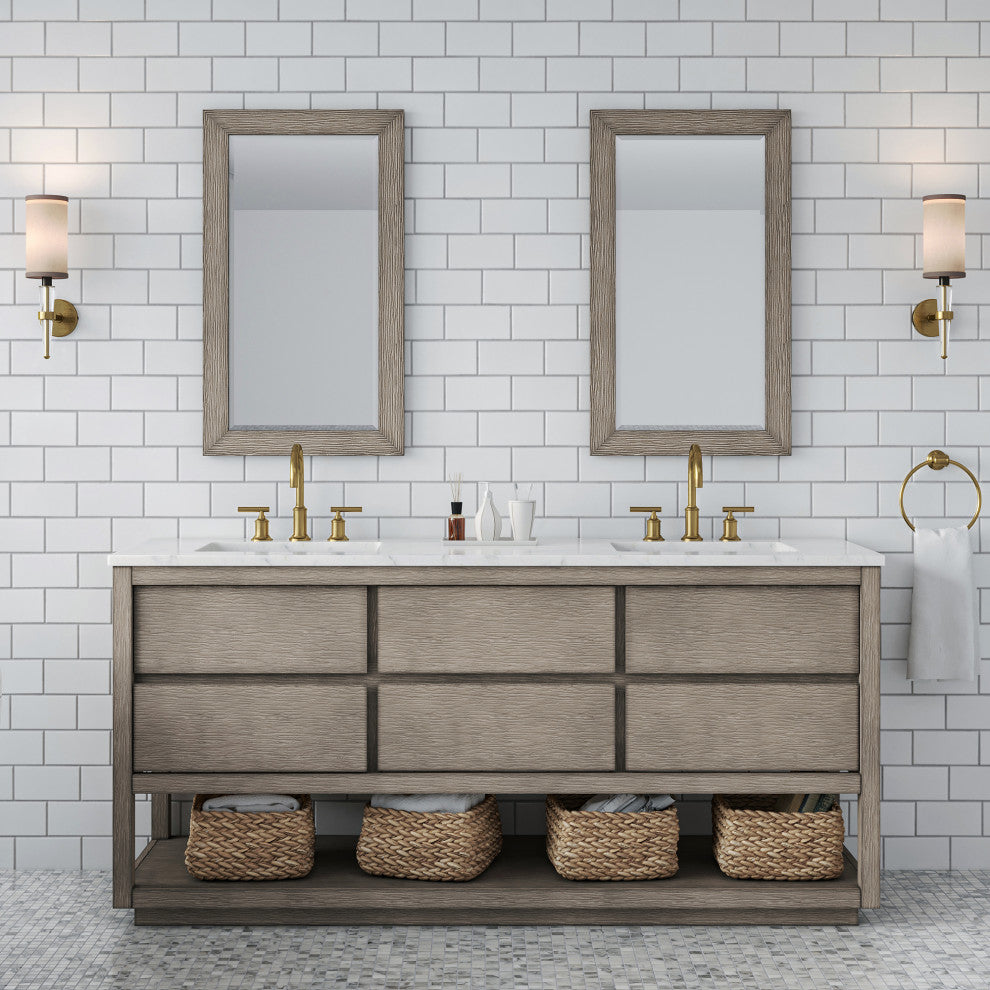 Oakman Marble Top Vanity in Grey Oak with Faucet, 72", Vanity With Satin Gold Faucet