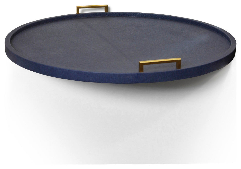 Dann Foley Faux Shagreen Tray Navy Finish Gold Handles