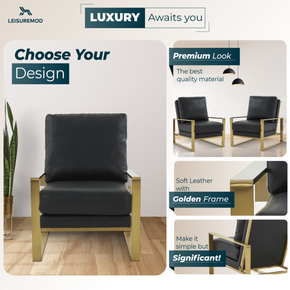 LeisureMod Jefferson Faux Leather Accent Armchair With Gold Frame, Black