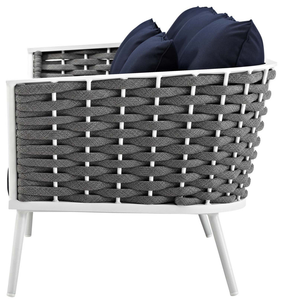 Modern Outdoor Sofa, Chair and Coffee Table Set, Aluminum Fabric, Navy White