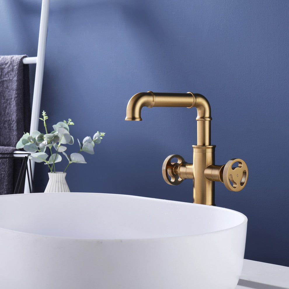 Deck Mounted Dual Handles Bathroom Vessel Sink Faucet, Brushed Gold
