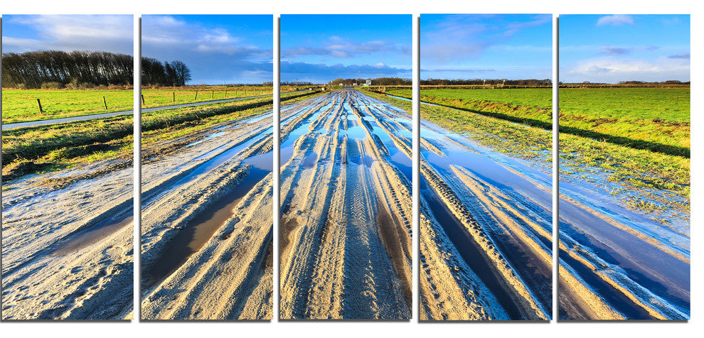 Muddy Sand Lane On Sunny Day, Landscape Canvas Art Print, 60"x28", 5 Panels