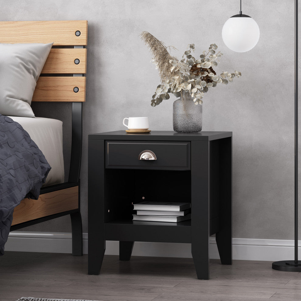 Cleary Contemporary Faux Wood Nightstand With Drawer, Black
