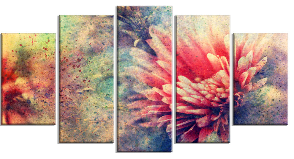 Grunge Art with Flower and Splashes, Flower Artwork on Canvas, 60"x32", 5 Panels
