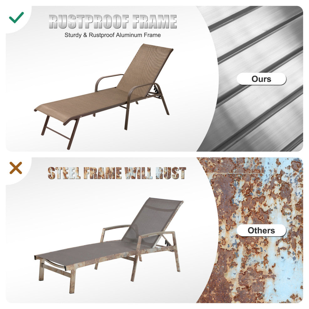 Aluminum Chaise Lounge Chair, Adjustable Outdoor Recliner, Brown