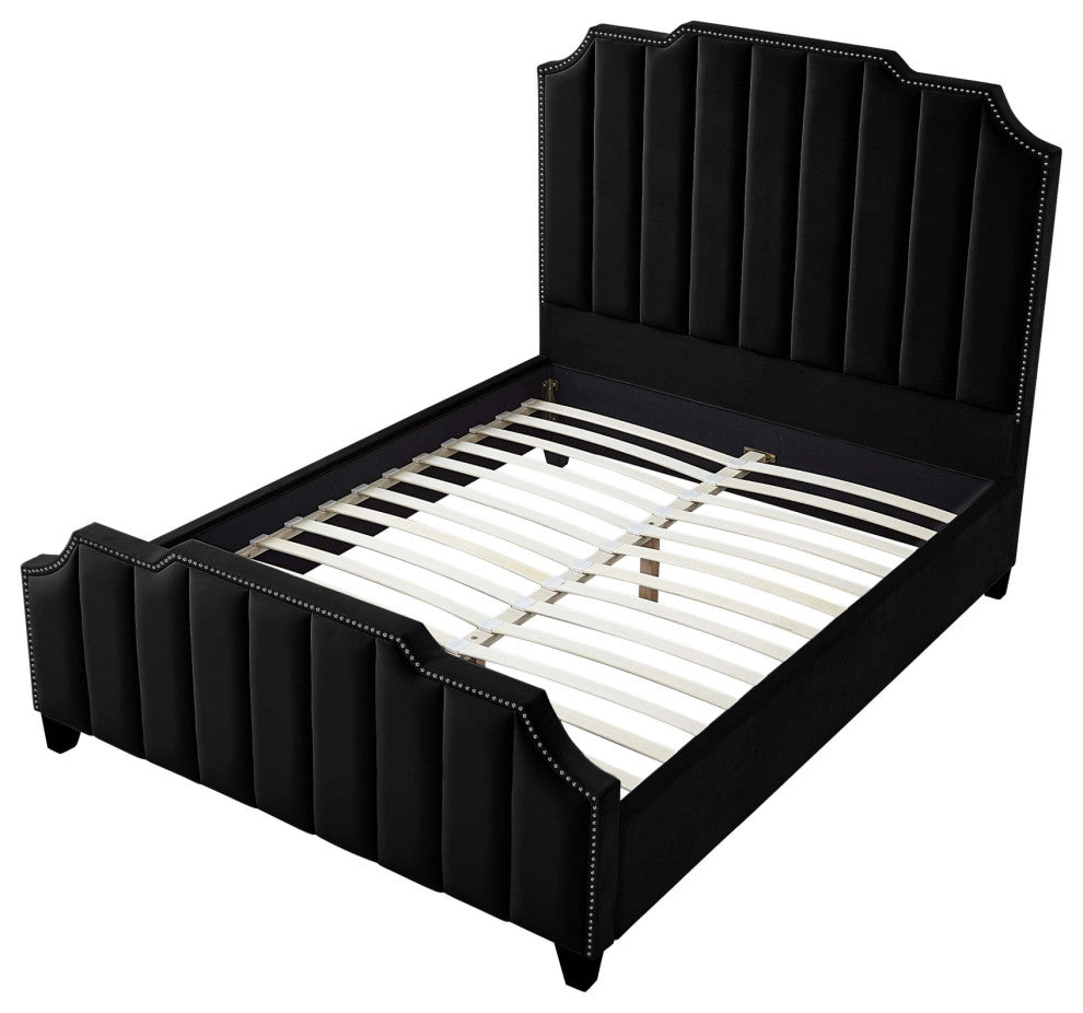 Inspired Home Zaida Bed, Velvet Upholstered, Black, Queen