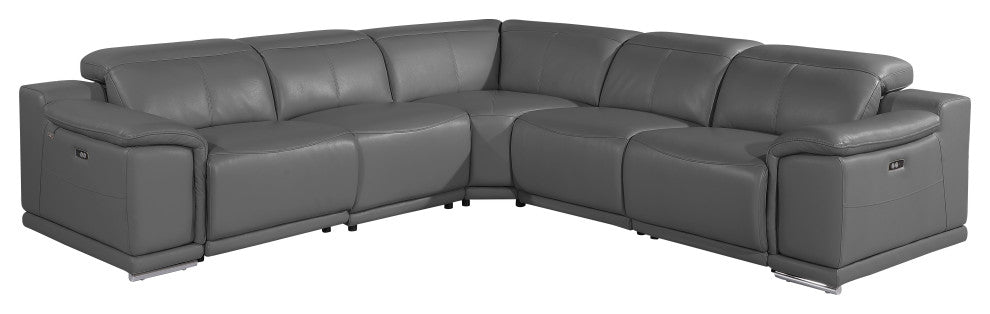 Federico 5-Piece L-Shaped Top Grain Italian Leather Sectional, Dark Grey