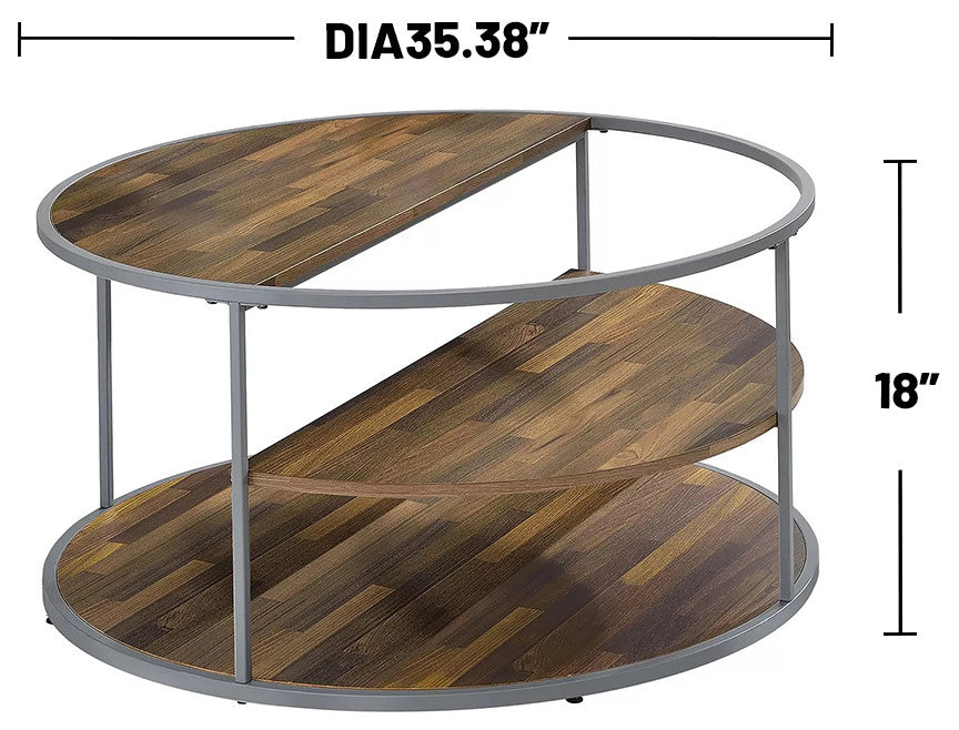 3-tier Shelf Round Coffee Table in Gray and Walnut Finish
