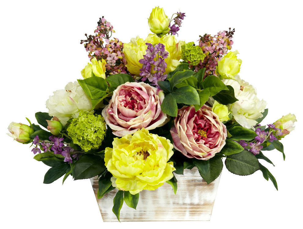 Mixed Floral With White Wash Planter Silk Arrangement