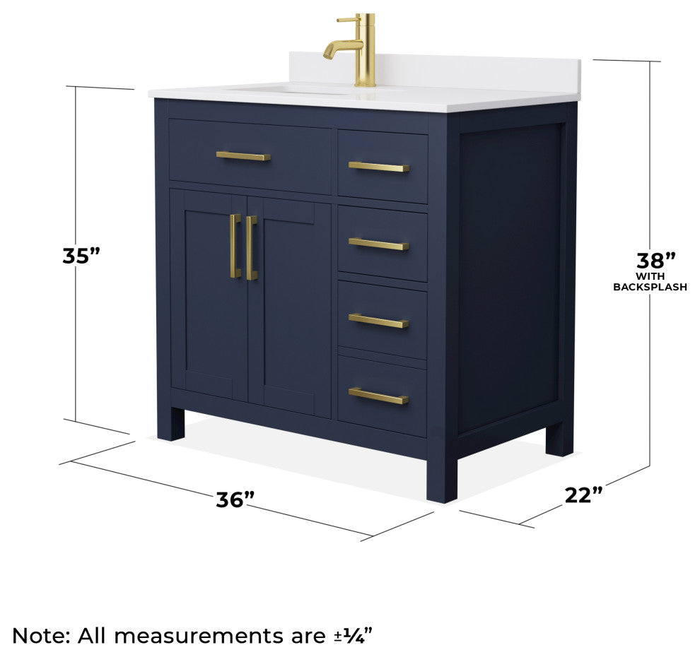 Beckett 36" Dark Blue Single Vanity, White Cultured Marble Top, Gold Trim