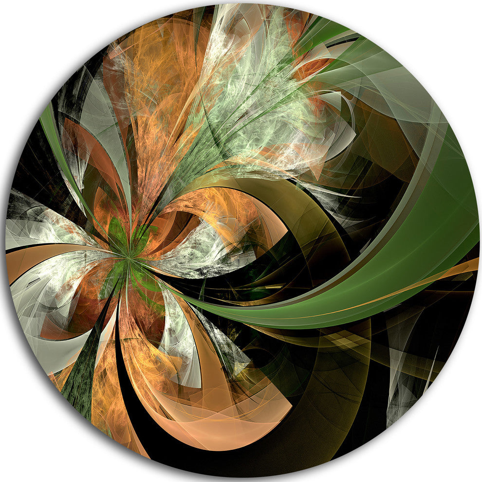 Orange And Green Fractal Flower, Modern Floral Round Wall Art, 36"