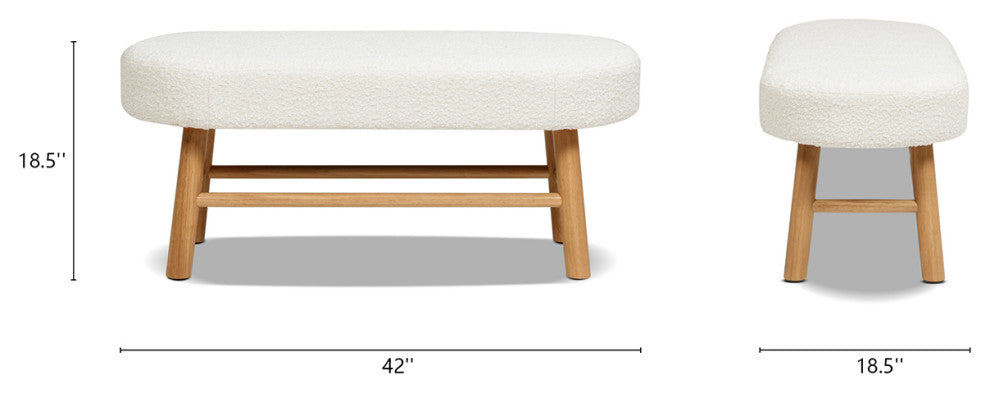 Fuji 42" Upholstered Accent Bench With Natural Wood Legs, Ivory White Boucle