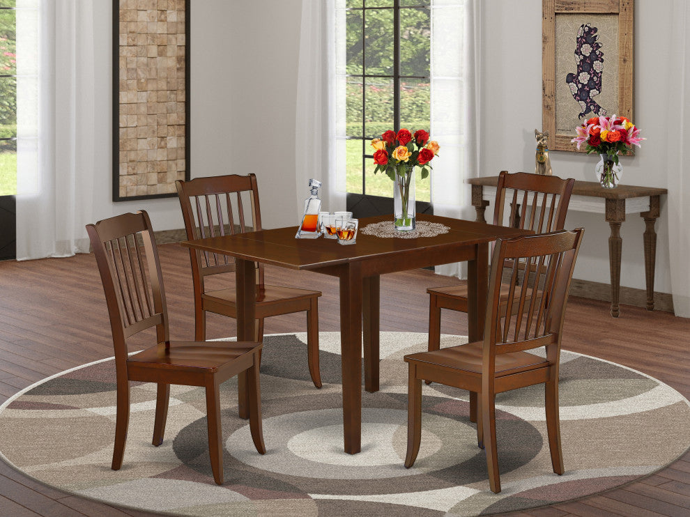 Dining Set 5 Pcs- 4 Wood Dining Chairs, Table, Mahogany Finish Chair Seat
