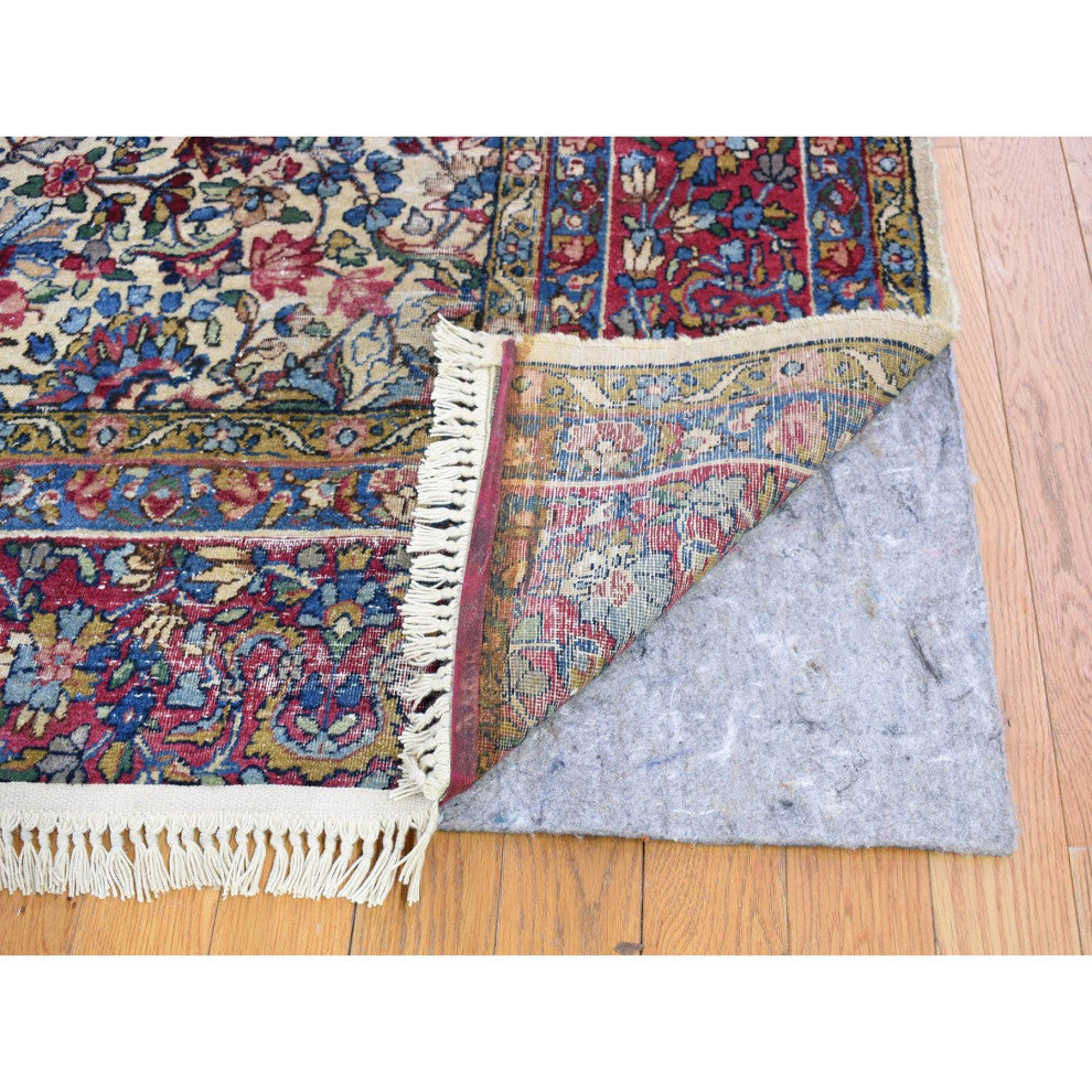Beige Antique Persian Kerman with Areas of Wear Distressed Clean Rug, 8'9"x11'3"