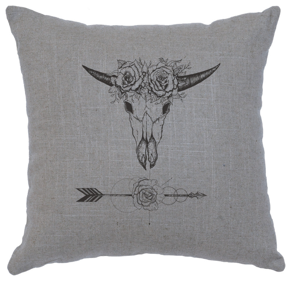 Image Pillow 16x16 Bull and Flowers Linen Gray