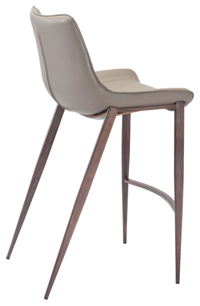 Bar Stool Chair, Set of 2, Faux Vinyl Leather, Steel, Gray, Walnut