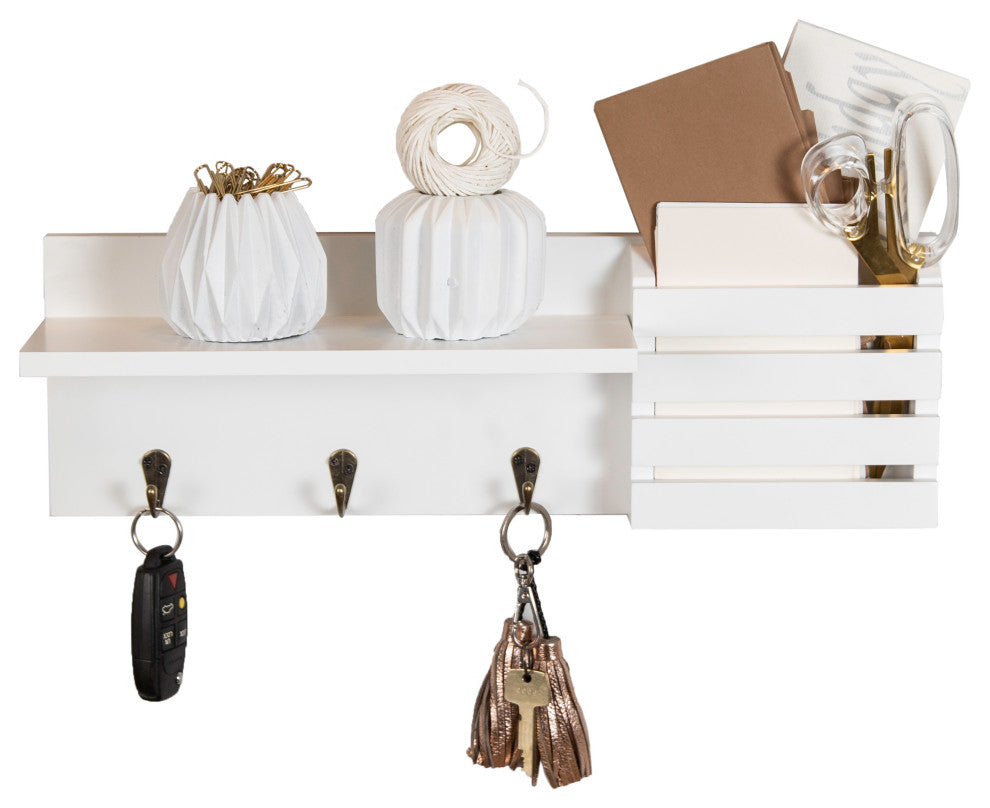 Danya B. Utility Shelf With Pocket and Hanging Hooks, White